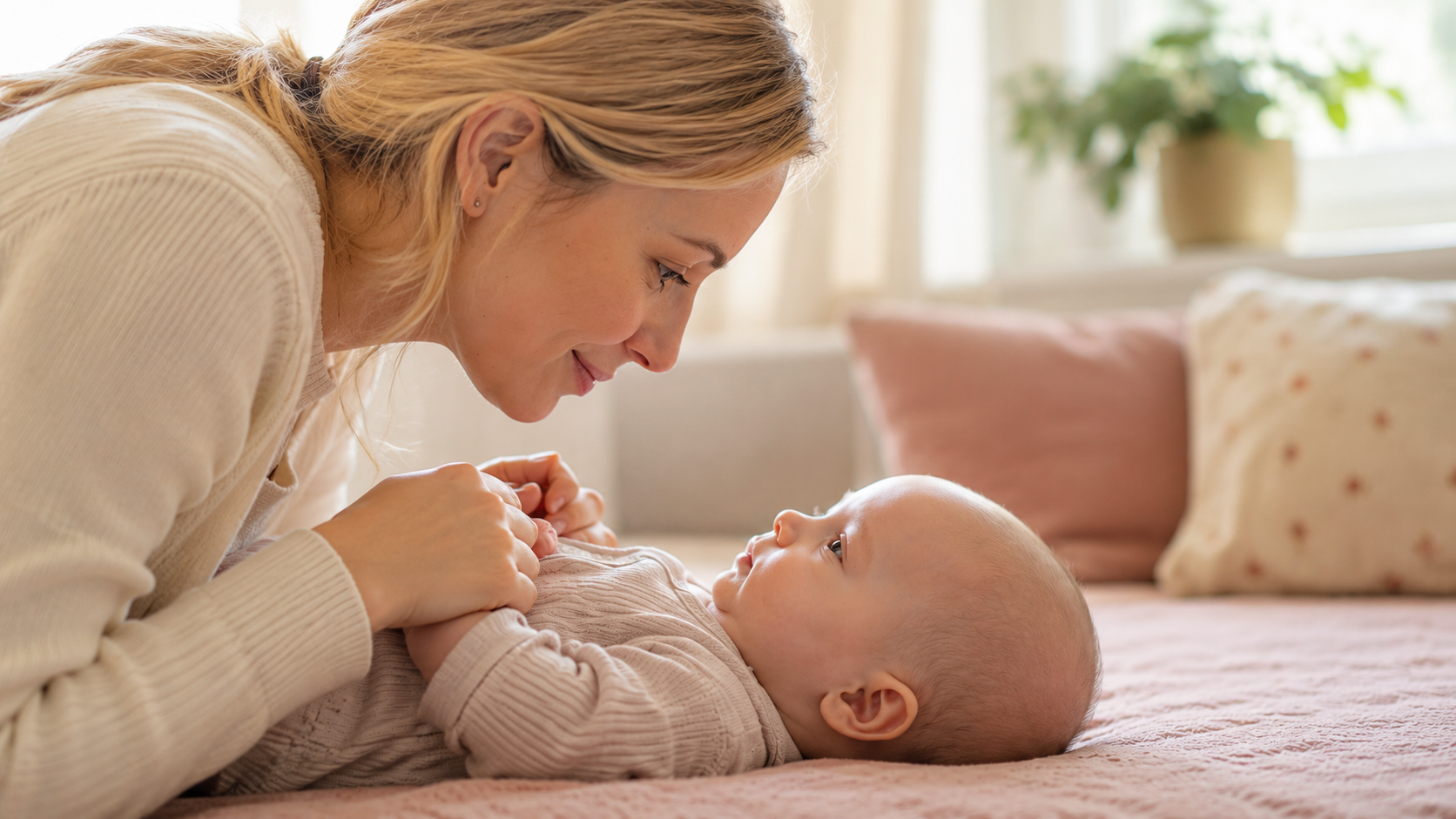 Mor og baby deler et nært øyeblikk i en lys stue