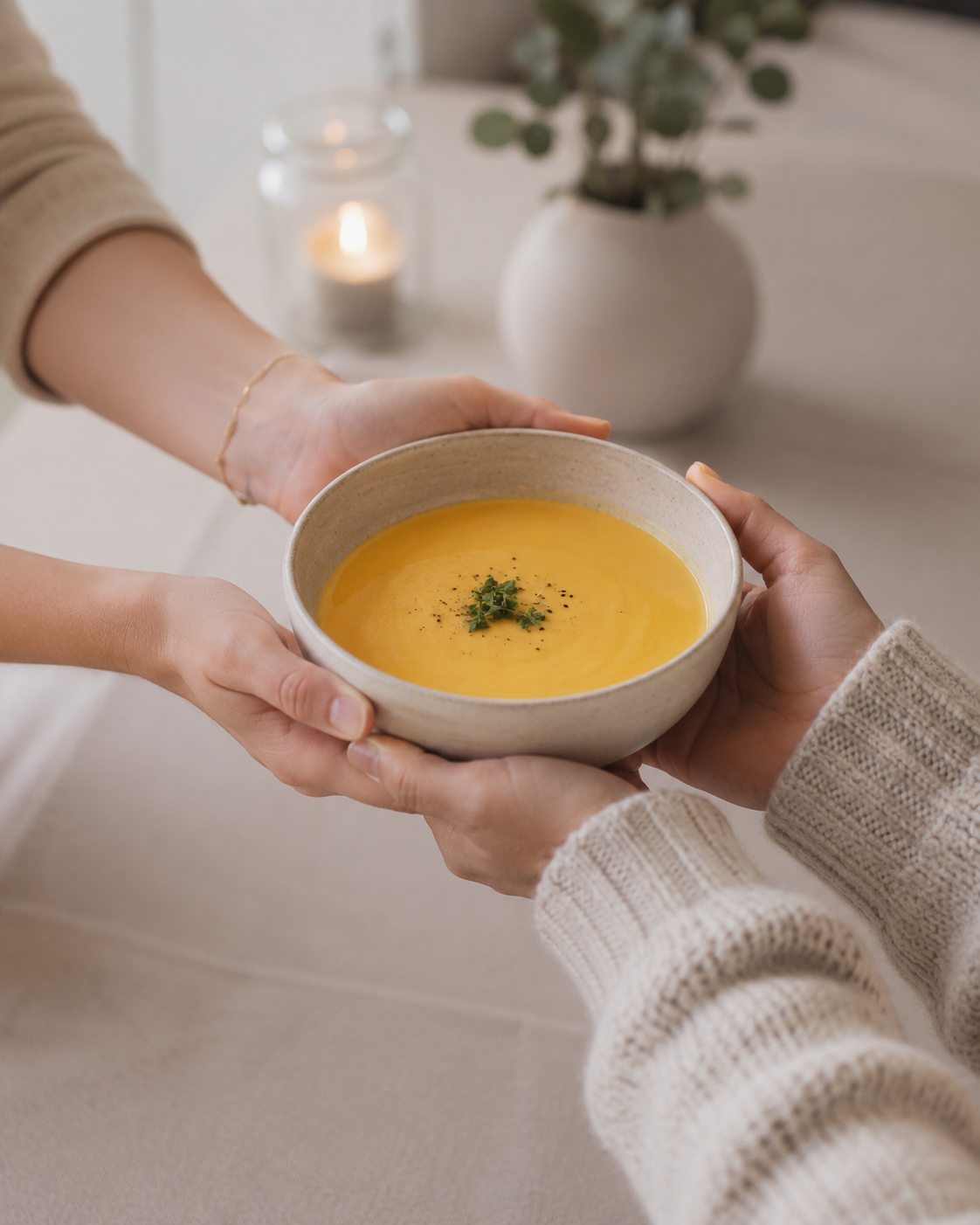 En varm bolle suppe gitt fra hånd til hånd
